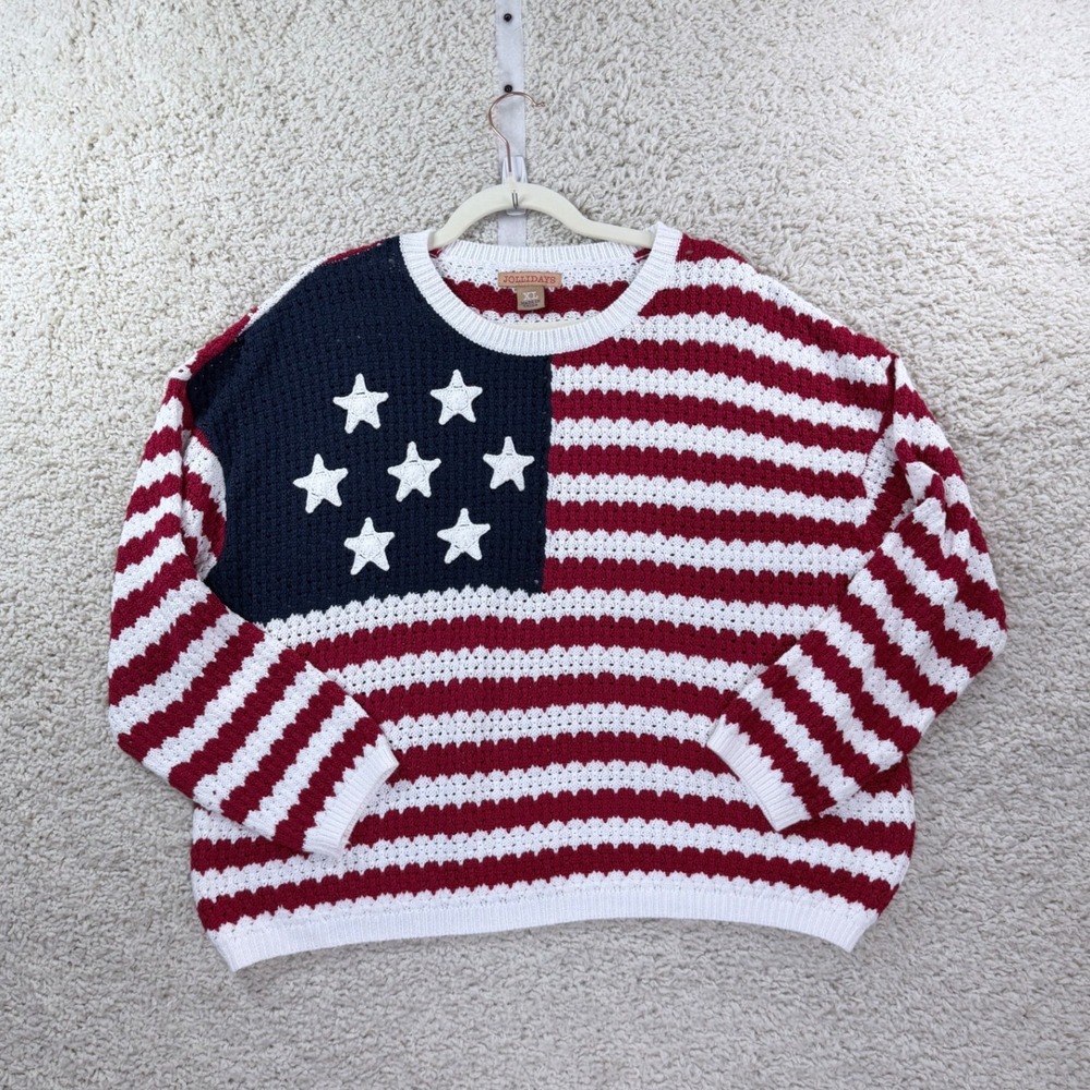 Jollidays American Flag Sweater Women XL Red White Blue Patriotic Knit Pullover